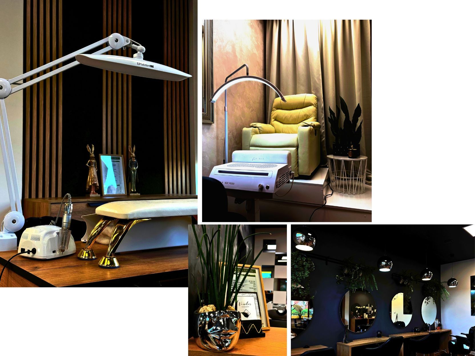 Kolaż wnętrz salonu ATELIER: lustra, fotel do pedicure, fotel barberski i stanowisko do manicure